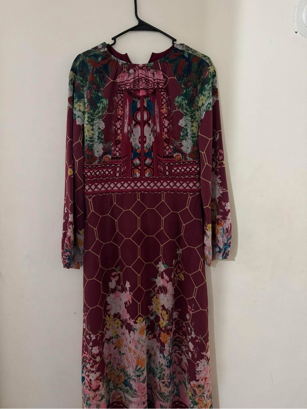 Bohemian Maroon Floral Long-Sleeve Maxi Dress